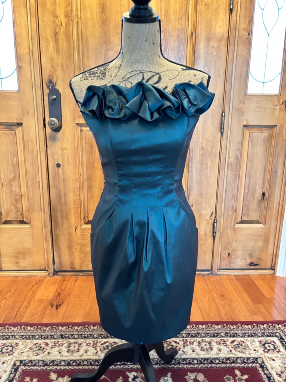 Jessica McClintock Teal Strapless Satin Dress with Rosette Trim
